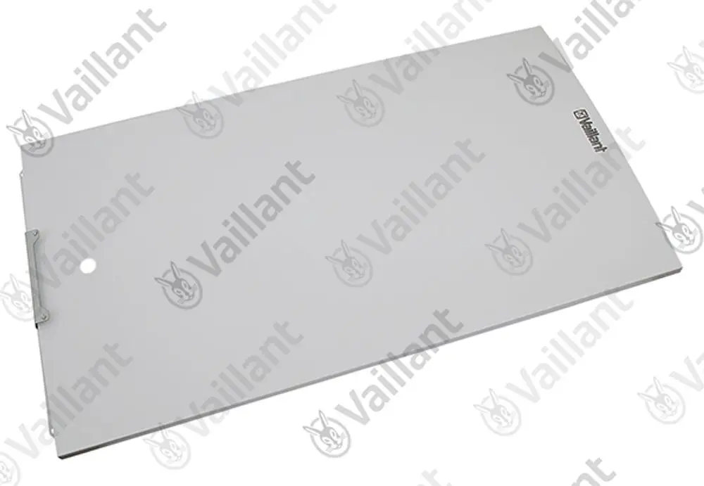 Vaillant Frontblech in silberner Farbe, rechteckig mit einer Halterung auf der linken Seite und einem Loch, zur Verwendung in Heizungsanlagen.